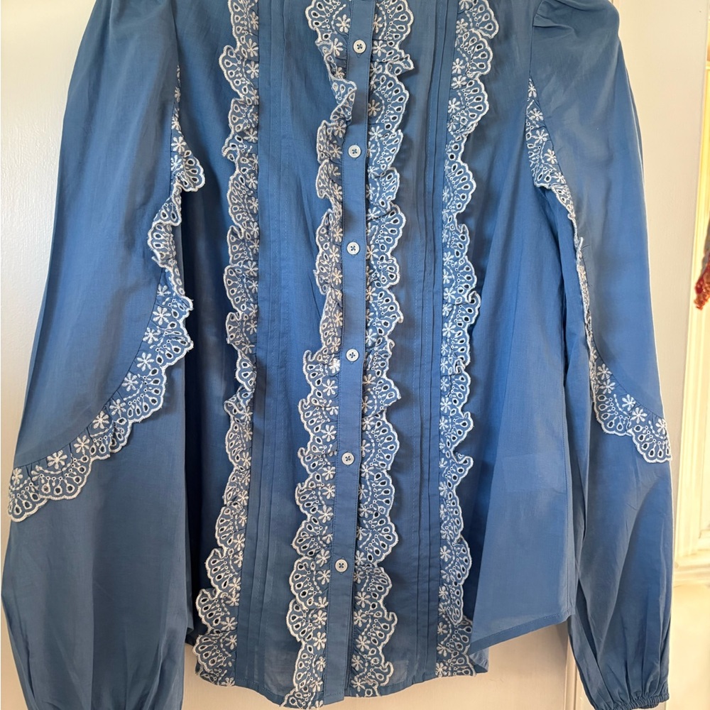 Boden Blue Embroidered Broderie Lace-Trim Button Front Blouse